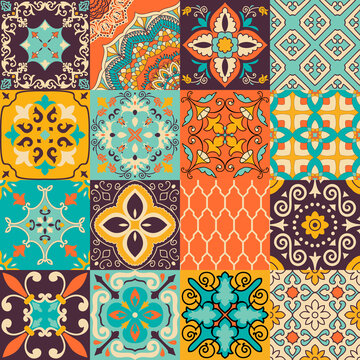 Set of 16 bright tiles Azulejos. Original traditional Portuguese and Spain decor. Seamless patchwork tile with Victorian motives. Ceramic tile in talavera style. Gaudi mosaic. Vector