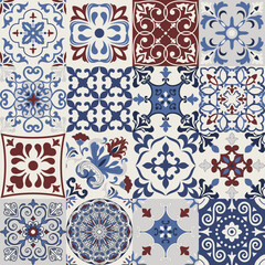 Set of 16 tiles Azulejos in blue, brown. Original traditional Portuguese and Spain decor. Seamless patchwork tile with Victorian motives. Ceramic tile in talavera style. Gaudi mosaic. Vector - obrazy, fototapety, plakaty