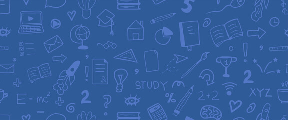 Hand drawn doodle set with education symbols. Vector online studing web banner. online education doodle. Line consept in blue colors