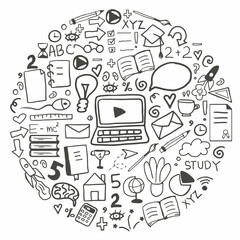 Hand drawn doodle set with education symbols. Vector online studing web banner. online education doodle. Line consept in circle form.
