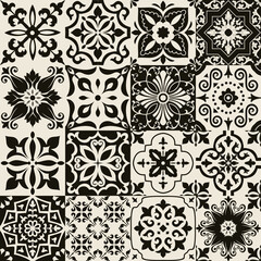 Set of 16 tiles Azulejos. Original traditional Portuguese and Spain decor. Seamless patchwork tile with Victorian motives. Ceramic tile in talavera style. Gaudi mosaic. Vector