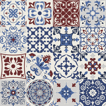 Set of 16 tiles Azulejos in blue, brown. Original traditional Portuguese and Spain decor. Seamless patchwork tile with Victorian motives. Ceramic tile in talavera style. Gaudi mosaic. Vector