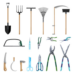 Set of professional tools care garden isolated on white background in flat style. Collection secateur, shovel, pitchfork, broom, axe, scythe,rake. Kit farm symbols