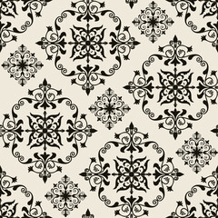 Seamless Damask pattern. Majolica pottery tile,  black and gray azulejo, original traditional Portuguese and Spain decor. Seamless tile with Islam, Arabic, Indian, Ottoman motifs