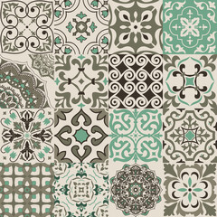 Set of 16 tiles Azulejos. Original traditional Portuguese and Spain decor. Seamless patchwork tile with Victorian motives. Ceramic tile in talavera style. Gaudi mosaic. Vector - obrazy, fototapety, plakaty