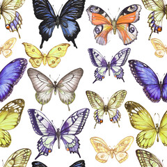 Fototapeta na wymiar Hand-drawn watercolor seamless pattern, print. Multi-colored butterflies, insects, animals. Wildlife, spring, summer. Vintage, retro style, realism, sketch.