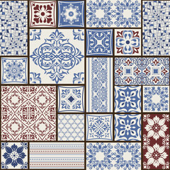 Seamless patchwork tile with Victorian motives. Majolica pottery tile, colored azulejo, original traditional Portuguese and Spain decor. Vector illustration for print wallpaper, fabric, paper, tile