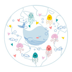 Cute concept card world oceans day. Doodle hand-painted picture of ocean inhabitants on a background of the world. Whale, jellyfish, fish. Hearts and bubbles. Vector illustration isolated on white.