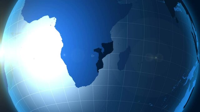 Mozambique. Zooming into Republic of Mozambique on the globe.