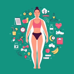 Weight loss concept. Vector illustration of cartoon young woman with slim body in underwear over the overweight body silhouette surrounded by healthy lifestyle icons. Isolated on green background.