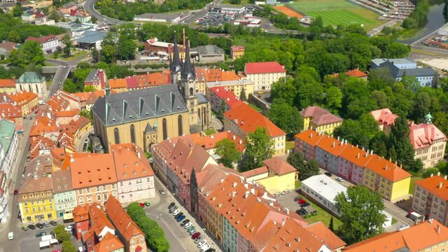 Aerial view to church of St. Nicolas in Cheb. This monument was built in the early 13th century as a Romanesque basilica. Famous landmark in Czech Republic, Central Europe.