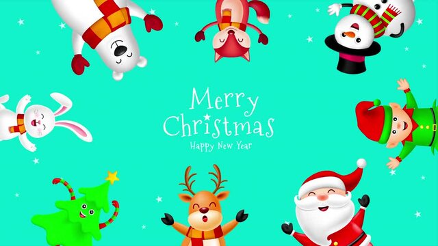 Cute cartoon Christmas characters, Santa claus, snowman, Tree, Reindeer, fox, bear, rabbit and little elf. Merry Christmas and happy new year concept animation.