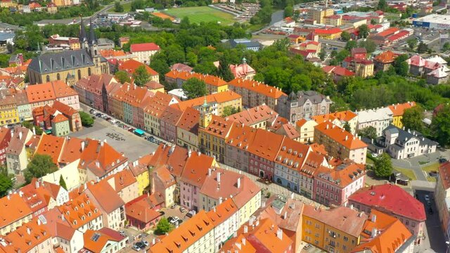 Aerial view to church of St. Nicolas in Cheb. This monument was built in the early 13th century as a Romanesque basilica. Famous landmark in Czech Republic, Central Europe.