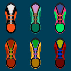 Set of sneakers for fitness, street, gym, training and running. Casual sport shoes. Top view. Colorful collection. Vector illustration in flat style.

