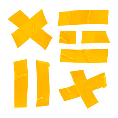 Yellow duct tape set. Realistic yellow adhesive tape pieces for fixing isolated on white background. Adhesive cross and paper glued. Realistic 3d vector illustration