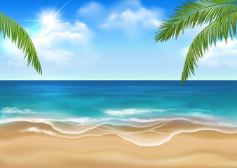 Vector sunny sandy beach with idyllic sea scenery, blue sky with sun and clouds and green palm leaves