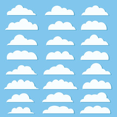Set of different white cloud icons on blue sky for design elements, stock vector illustration
