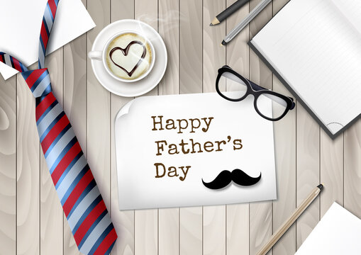 Happy Holiday Fathers Day Background. Colorful Tie and Glasses, Office Supplies and Moustache  on wooden office table desk. Vector illustration.