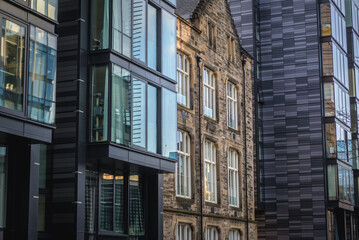Renoveted old building and modern architecture in Quartermile area of Edinburgh city, UK