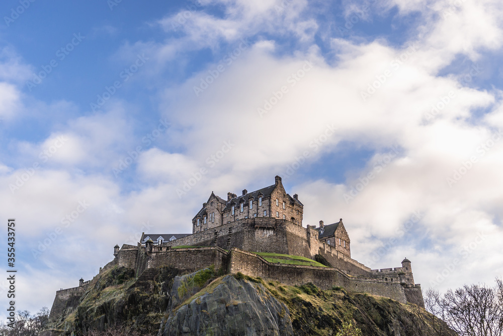 Sticker Castle on a Castle Rock in Edinburgh city, Scotland, UK, view from Princes Street Gardens park