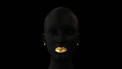 Woman mannequin black head isolated on black background with gold lips and gold earrings. Minimal design. 3D render