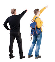 Back view of two man in sweater pointing.