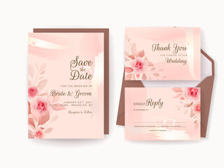 Wedding invitation template set with romantic floral border and gold watercolor. Roses and sakura flowers composition vector for save the date, greeting, thank you, rsvp card vector
