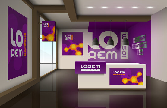 Purple office design with orange molecules. Elements of interior advertising. Corporate identity