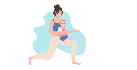 mother with son doing physical exercises woman engaged in fitness or yoga with baby boy healthy lifestyle concept flat full length horizontal isolated vector illustration