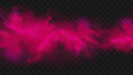Red smoke or fog color isolated on transparent dark background. Abstract red powder explosion with particles. Colorful dust cloud explode, paint holi, mist smog effect. Realistic vector illustration