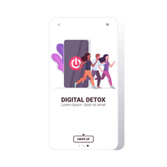 mix race people running out smartphone screen with turn off button digital detox rest from devices concept users abandoning internet and social networks copy space vector illustration