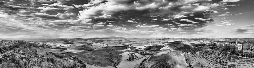 Pienza, Tuscany. Aerial view at sunset of famous medieval town