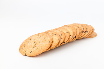 Whole grain biscuits on white background