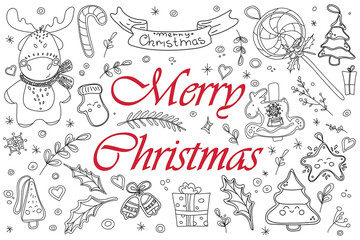 Fototapeta premium Merry christmas and Happy new year vector background with red and black symbols isolated on white. Doodle Christmas holiday greeting card design elements. Sketch drawing for your design.