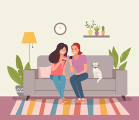 Girlfriends are drinking a glass of red wine in their living room. Vector flat style illustration