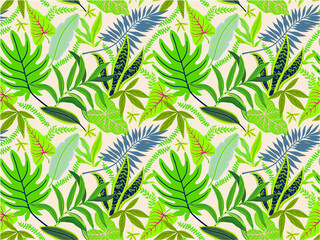 Trendy seamless background with tropical leaves. Bright jungle pattern with palm leaves and exotic plant. The elegant template with Hawaiian motifs, on white background.