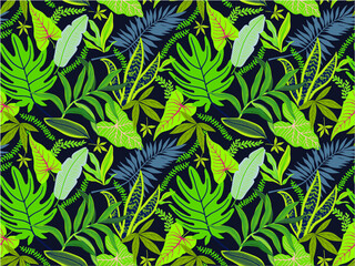 Seamless background with tropical leaves. Bright jungle pattern with palm leaves and exotic plant. The elegant template with Hawaiian motifs, on dark background.