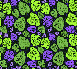 Seamless pattern with tropical leaves. Vector background with monstera leaf. Floral jungle ornament. Texture with tropic plants. Bright leaves on a dark background.