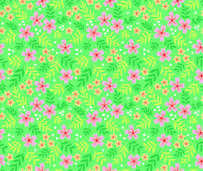 Simple cute pattern in small pink flowers on light green background. Liberty style. Ditsy print. Floral seamless background. The elegant the template for fashion prints.