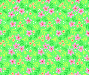Simple cute pattern in small pink flowers on light green background. Liberty style. Ditsy print. Floral seamless background. The elegant the template for fashion prints.