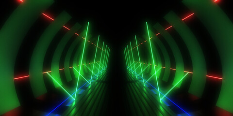 3D abstract background with neon lights.neon tunnel 3d illustration