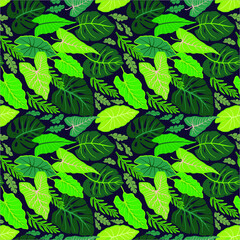 Fototapeta na wymiar Surface design with tropical leaves on a dark background. Vector seamless pattern with exotic plants. Summer bright background. Print in the style of the jungle with Hawaiian motifs.