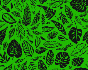 Seamless background with tropical leaves. Jungle pattern with black leaves and exotic plant. The elegant template with Hawaiian motifs, on green background.