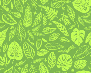 Seamless background with tropical leaves. Bright jungle pattern with leaves and exotic plant. The elegant template with Hawaiian motifs, on yellow-green background.