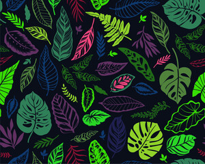 Seamless background with tropical leaves. Bright jungle pattern with leaves and exotic plant. The elegant template with Hawaiian motifs, on dark blue background.