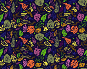 Seamless background with tropical leaves. Bright jungle pattern with leaves and exotic plant. The elegant template with Hawaiian motifs, on dark background.