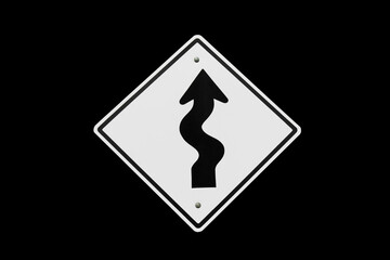 Curve road warning sign black and white isolated on black background.