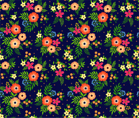 Vintage floral background. Seamless vector pattern for design and fashion prints. Flowers pattern with small orange flowers on a dark blue background. Ditsy style. 