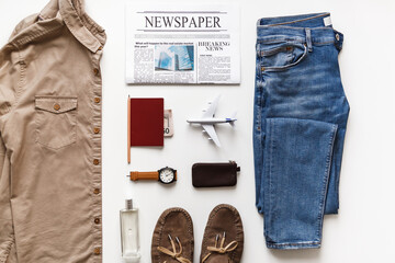 Casual male flat lay hipster fashion clothes and accessories set isolated on white. Top view...