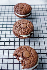 Chocolate whoopie pies on a baking grid
